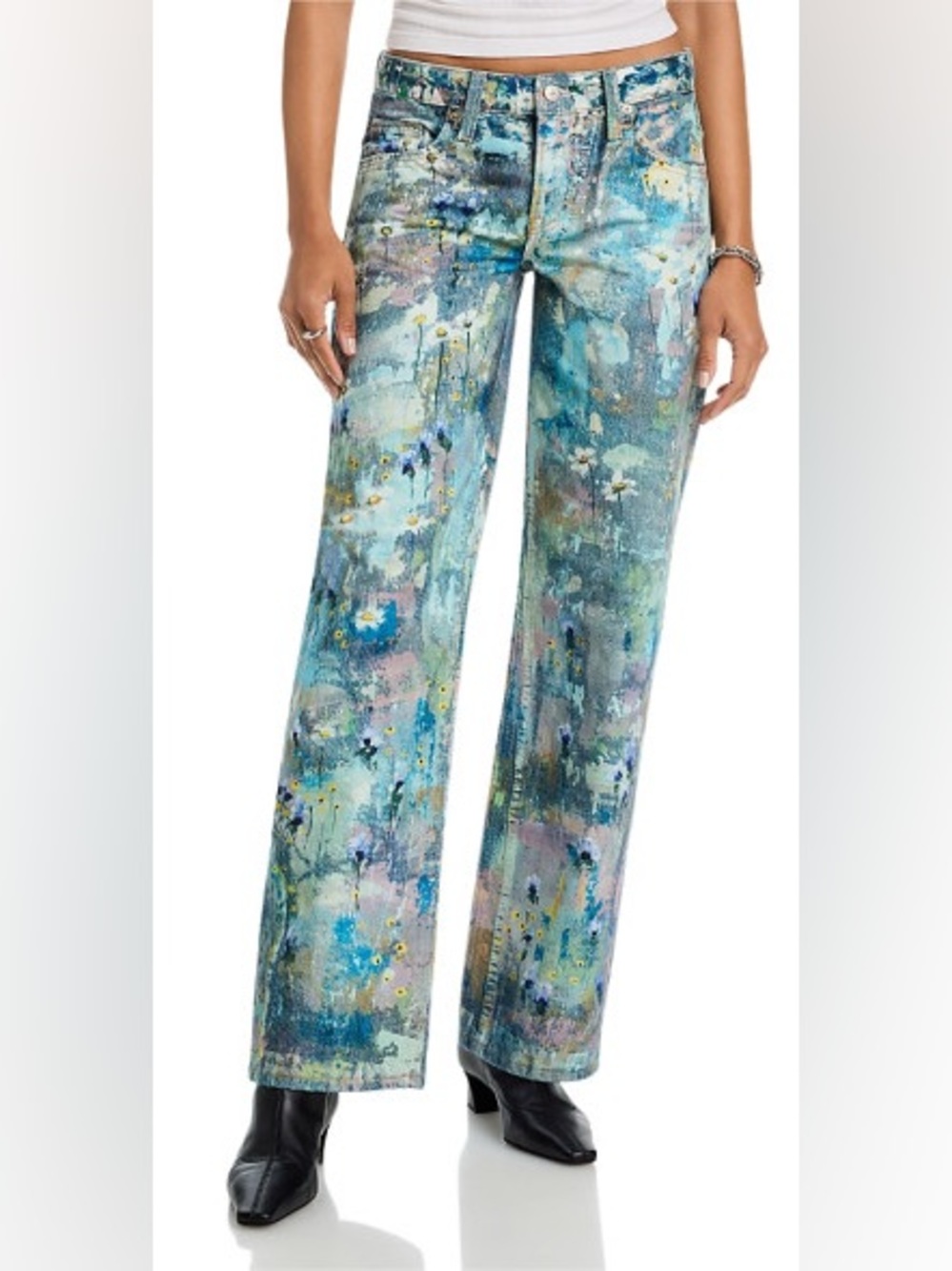 We The Free Painterly Floral Wide-Leg Pants in Aqua Multi